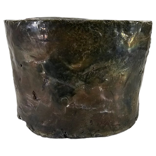 Sherri Cavan Sculptural Clay Base, Hand-Built Studio Pottery in Iridescent Green-Bronze Glaze, California, c.2000s For Sale - Image 4 of 8