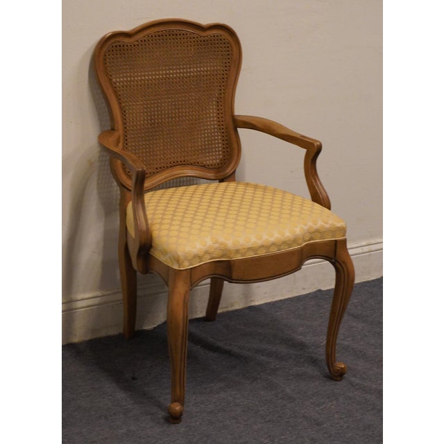 French Provincial High End Vintage Solid Beech Country French Provincial Cane Back Dining Arm Chair For Sale - Image 3 of 8