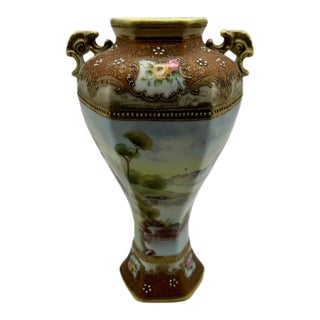 Nippon Antique Hand Painted Landscape Moriage Two Handled Porcelain Vase For Sale