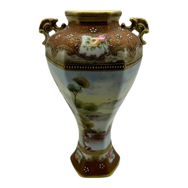Nippon Antique Hand Painted Landscape Moriage Two Handled Porcelain Vase For Sale