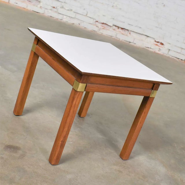 Mid 20th Century Campaign Style Square Side Table With White Laminate Top by Hickory Furniture Mfg. For Sale - Image 5 of 13
