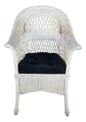 Antique White Painted Wicker Boho Chic Cottage Farmhouse Patio Lounge Armchair