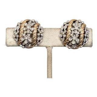 Vintage 1954 Signed Crown Trifari Ad Piece Goldtone & Clear Rhinestone Flower Clip Earrings-2 Pieces For Sale