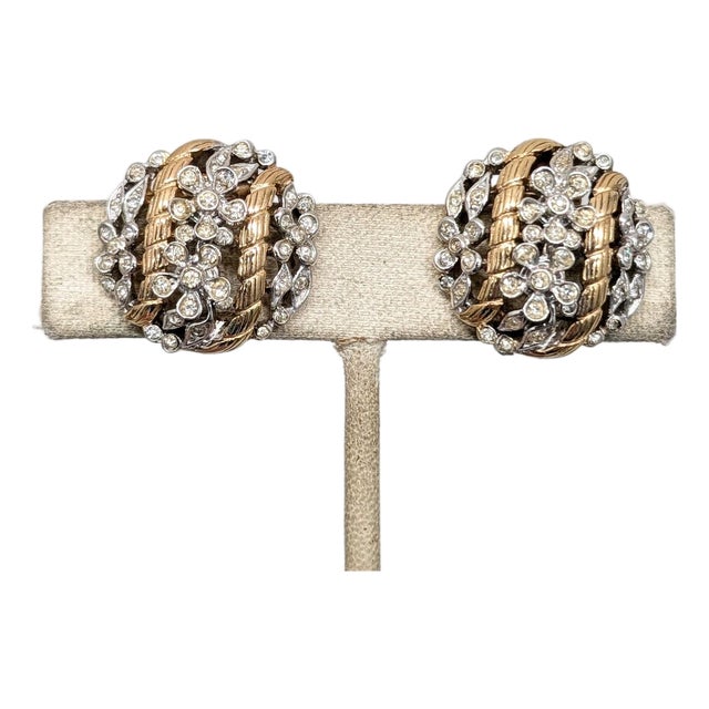 Vintage 1954 Signed Crown Trifari Ad Piece Goldtone & Clear Rhinestone Flower Clip Earrings-2 Pieces For Sale