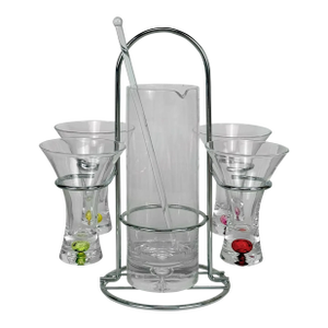 Mid 20th Century Chrome & Blown Glass Shot Glasses & Mixer Bar Serving Set