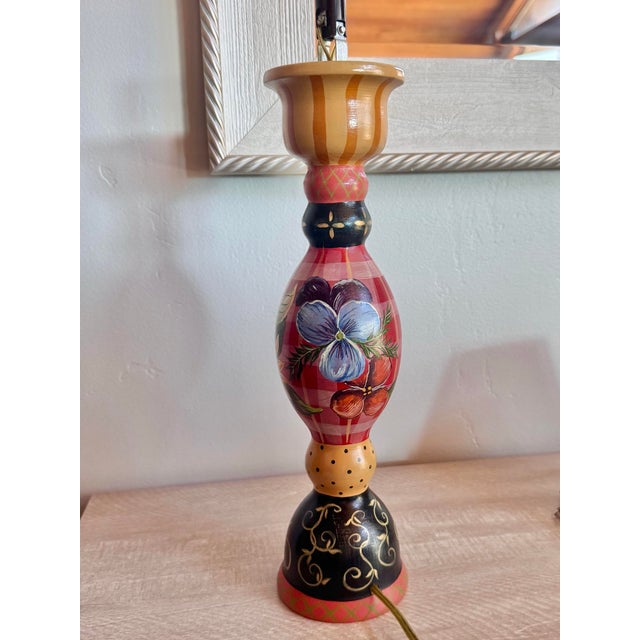 Art Deco Tracy Porter Stonehouse Farm Goods Hand Painted Wooden Table Lamp With Checked Crystal Lamp Shade For Sale - Image 3 of 11