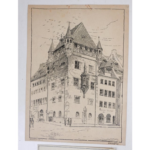 Set of 5 late 19th and early 20th century drawings on paper of european architecture. Nassauer Haus in Nuremburg Germany,...