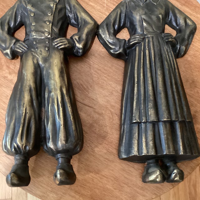 Vintage Pair of Cast Iron Andirons of a Colonial Dutch Boy & Girl Figurines For Sale - Image 9 of 12