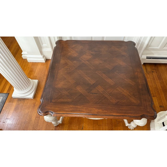 Distressed Habersham Square Coffee Table With Carved Ribbon & Laurel Detail For Sale In Boston - Image 6 of 14