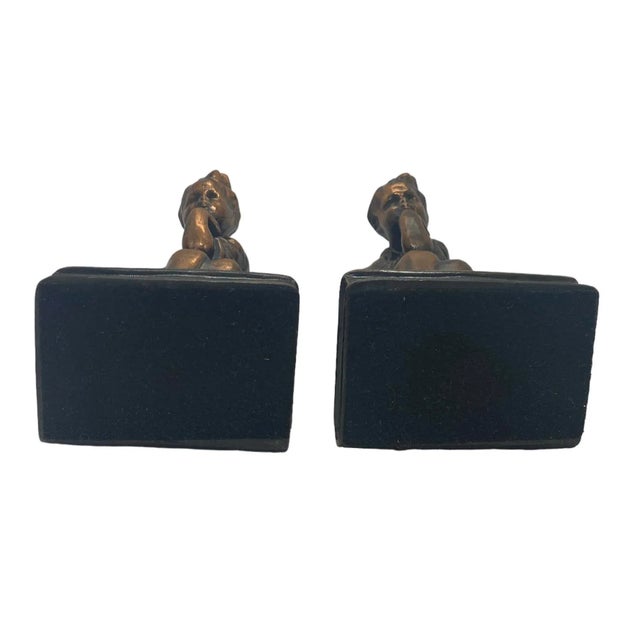 Metal Mid 20th Century Cast Metal With Bronze Tone Bookends With Thinking Boy Sitting on Stack of Books Design - a Pair For Sale - Image 7 of 12