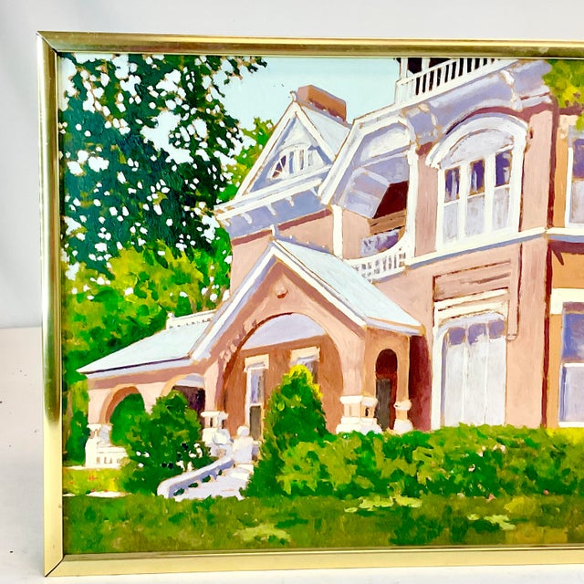 Brick Red 1970s Impressionist “Morning Sun” on a Victorian House Original Oil Painting, Artist Signed For Sale - Image 8 of 12