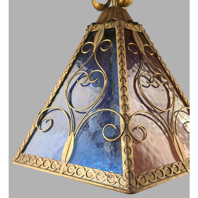 Boho Chic Vintage Multi Color Slag Glass Italian Tole Gilded Pendant Light Fixture For Sale - Image 3 of 11