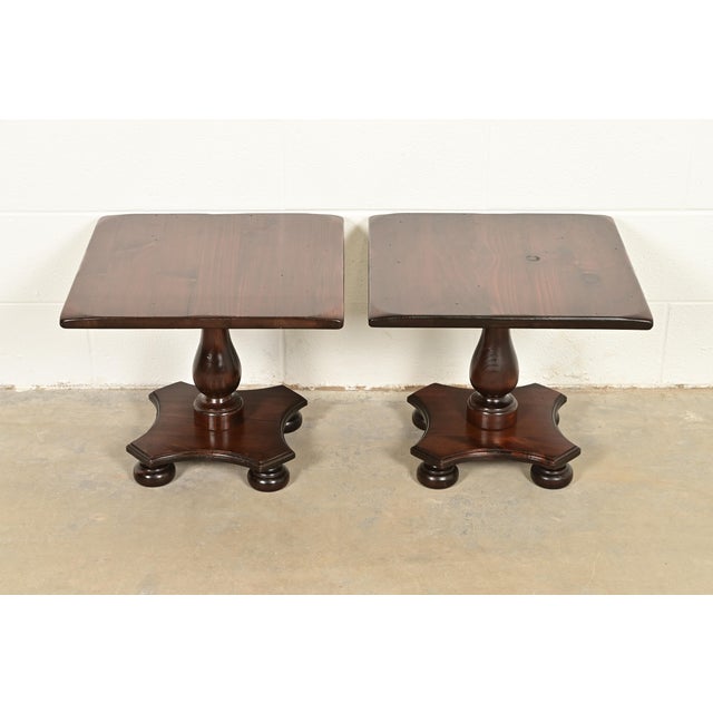 American Ethan Allen Early American Solid Pine Pedestal Side Tables, Pair For Sale - Image 3 of 10