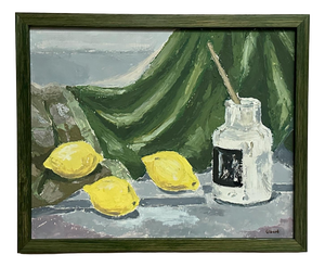 Gilbert, Still Life with Lemons and Inkpot, 1950s, Oil on Panel, Framed