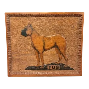 Antique Carved Wood Wall Plaque With Boxer Dog Named Tug From the Estate of William K Dupont
