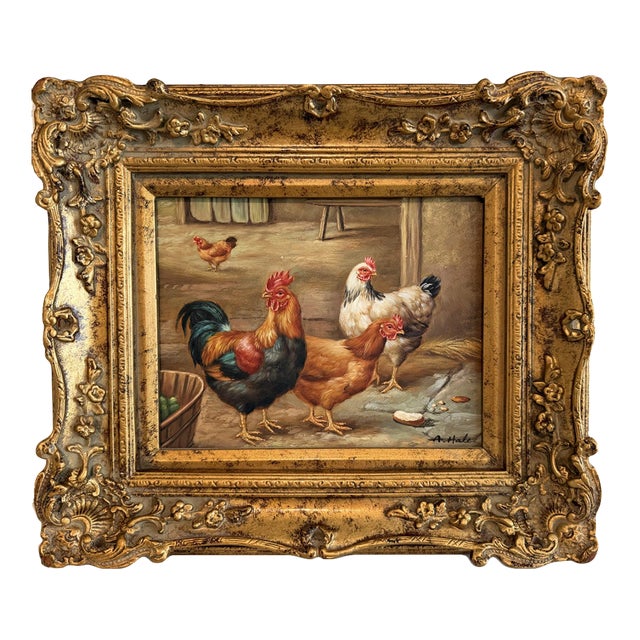 Vintage Signed Rooster and Chickens Oil Painting Farmyard Hen Scene, Gold Frame For Sale