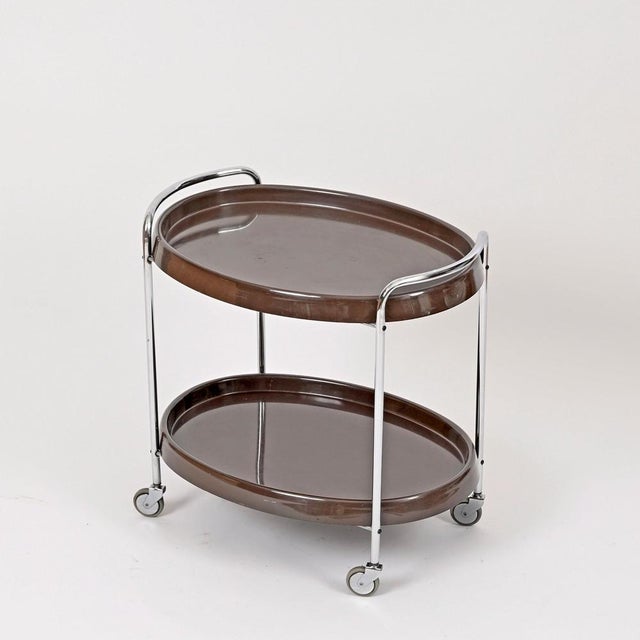 Mid-Century Italian Oval Bar Cart in Chrome and Brown ABS, 1970s For Sale - Image 4 of 14