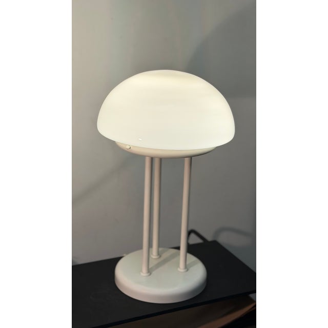 Contemporary Vintage Mushroom Tripod Table Lamp in Opaline Glass and White Steel, 1970s For Sale - Image 3 of 11
