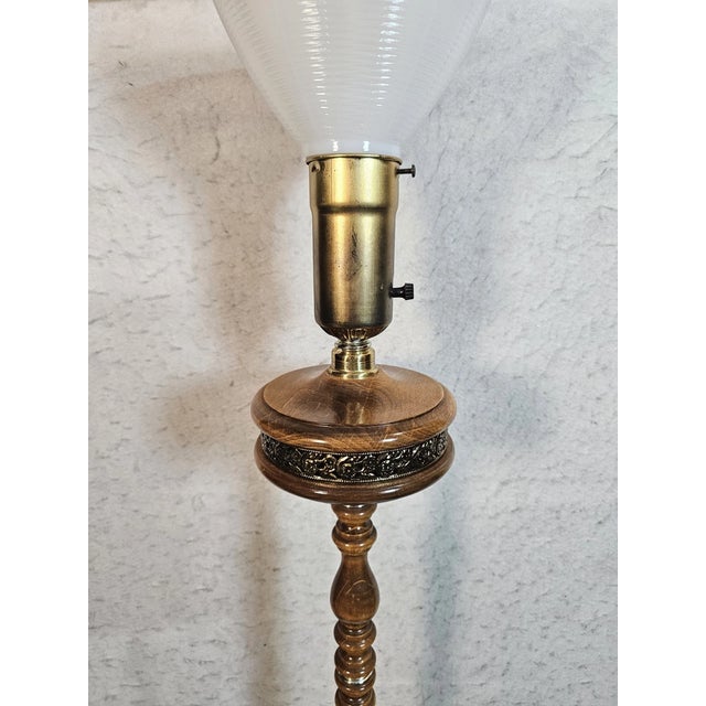 Vintage MCM Torchiere Style Wooden & Brass Floor Lamp Milk Glass Shade For Sale - Image 4 of 10