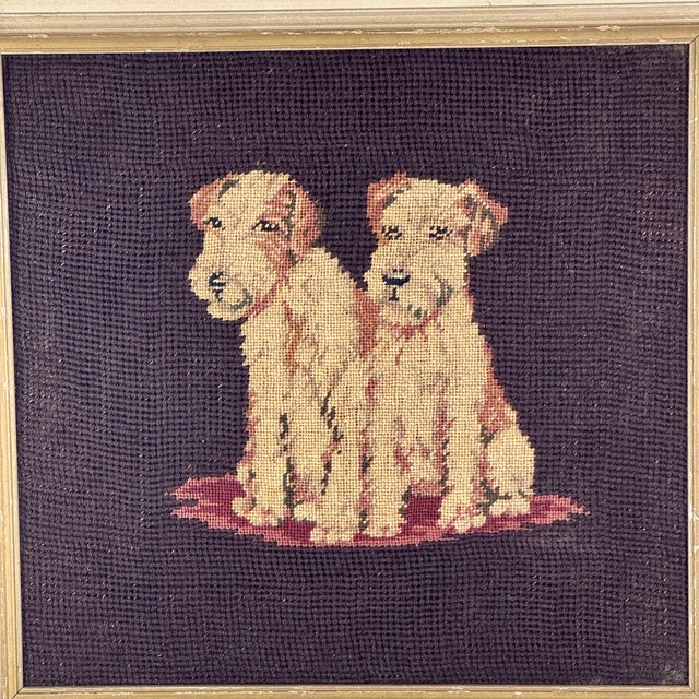American Lovely Vintage Framed Needlepoint of Two Charming Terriers on a Mat For Sale - Image 3 of 7