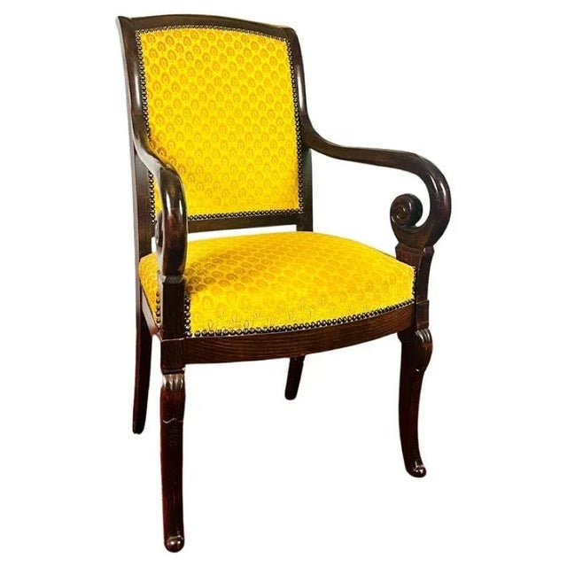 French Carved Wooden Armchair with Yellow Velvet, France, 1820 For Sale - Image 13 of 13