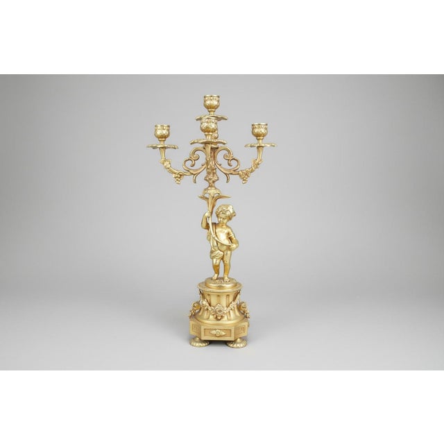 Italian Rococo Style Gilt Bronze Candelabra Candlestick Pair With Putti Cherubs For Sale - Image 4 of 16
