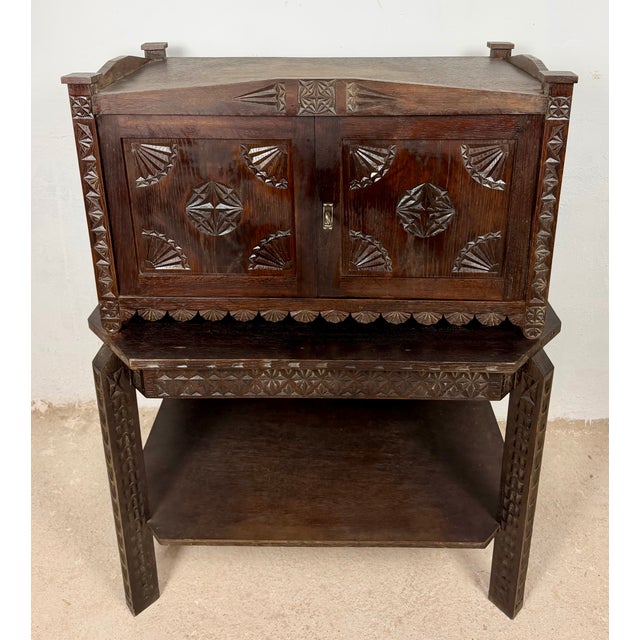 Spanish Carved Oak Bargueño on Stand, 1930 For Sale - Image 4 of 12