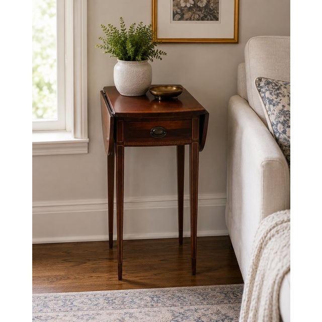 Mersman Vintage Mersman Federal Style Mahogany Drop Leaf Accent Table With Drawer For Sale - Image 4 of 15