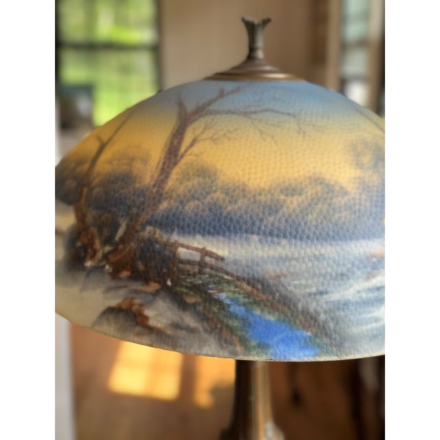 Early 20th Century Pittsburgh Reverse-Painted Winter Landscape Table Lamp – 17" Shade For Sale In Boston - Image 6 of 17