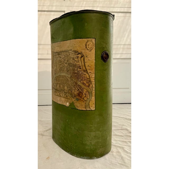 Vintage Green Toleware Metal Waste Bin With Hinged Lid and Pisa Map Design For Sale - Image 13 of 16