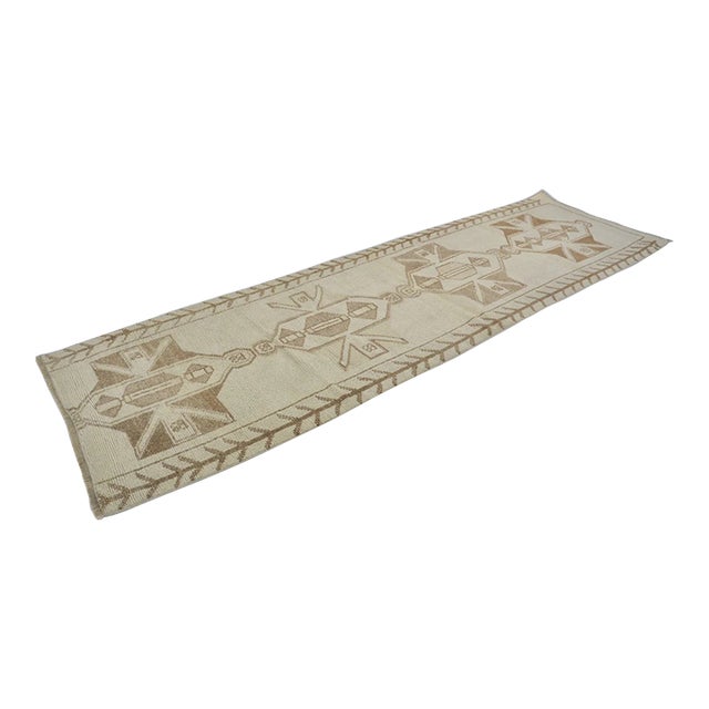 Vintage Turkish Rug, Japandi Style Neutral Geometric Runner For Sale