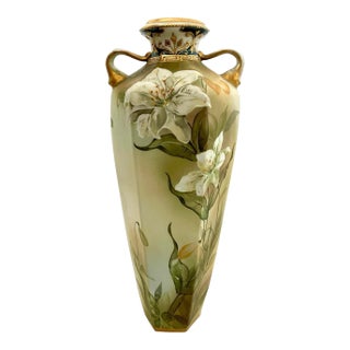 Antique Hand Painted LFH Nippon Gold Encrusted Lilies Floral Vase. 10 3/4” For Sale
