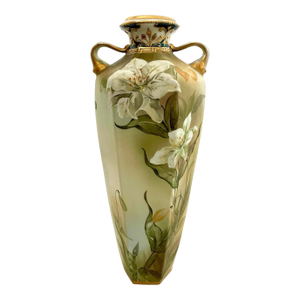 Antique Hand Painted LFH Nippon Gold Encrusted Lilies Floral Vase. 10 3/4”