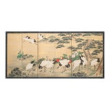 XL Meiji Era Japanese Byobu Screen "Landscape With Red-Crowned Cranes" in Yamato-E Style For Sale