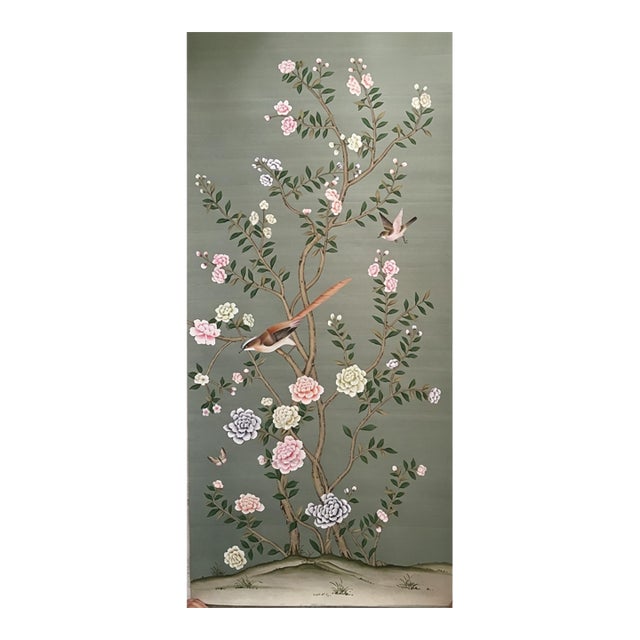 Elegant Sage Green Hand-Painted Wallpaper | Chinoiserie Bird & Blossom Mural | Luxury Entryway Wall Art For Sale