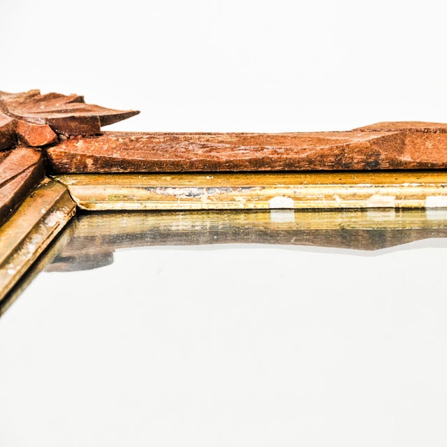 Beautiful antique hand-carved dark brown wood Adirondack style frame with old mirror. Frame measures ~13" x 15". Gold gilt...