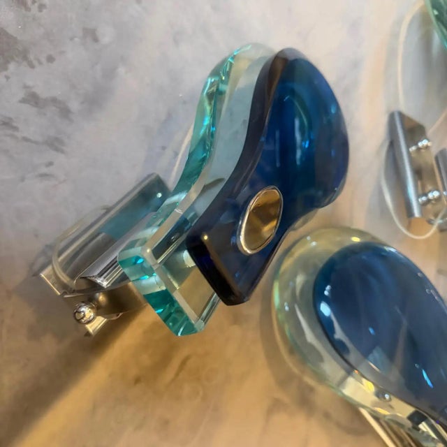 1960s Two 1960s. Space Age Steel and Blue and Verde Nilo Glass Wall Sconces by Veca For Sale - Image 5 of 15