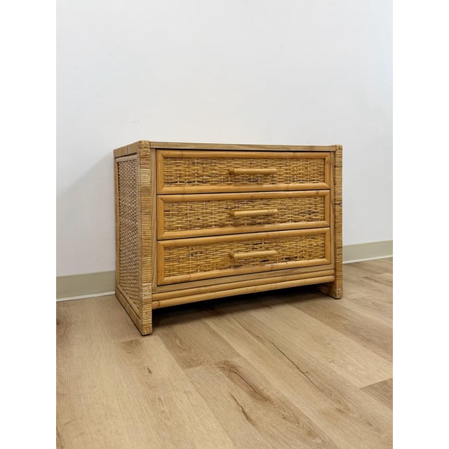 Vintage Chest Coastal Wicker Rattan Three Drawer Boho Hollywood Regency Dresser For Sale - Image 4 of 13