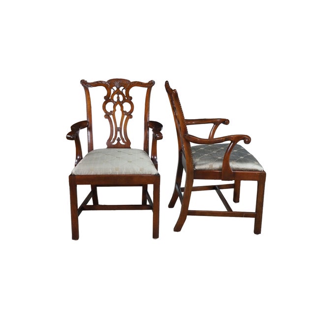 Chippendale 6 Late 20th Century Maitland Smith Chippendale Pierced Mahogany Dining Side Arm Chairs Silk Seats For Sale - Image 3 of 18