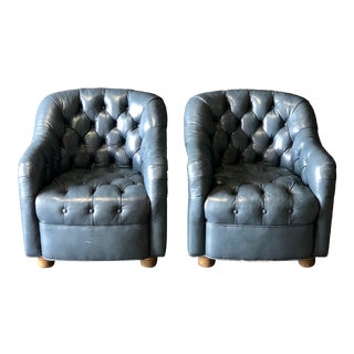 A Pair of Blue Leather Club Chairs For Sale