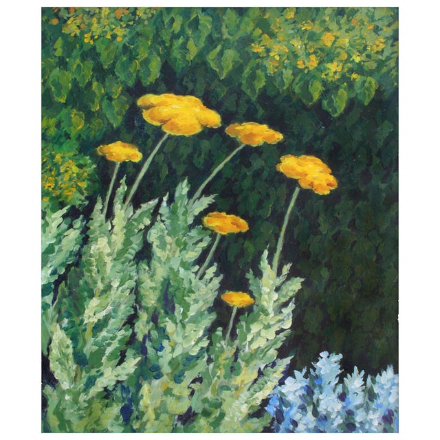 Charming floral painting of yellow achillea moonshine flowers among the green grass by California artist Eleanor Perry...
