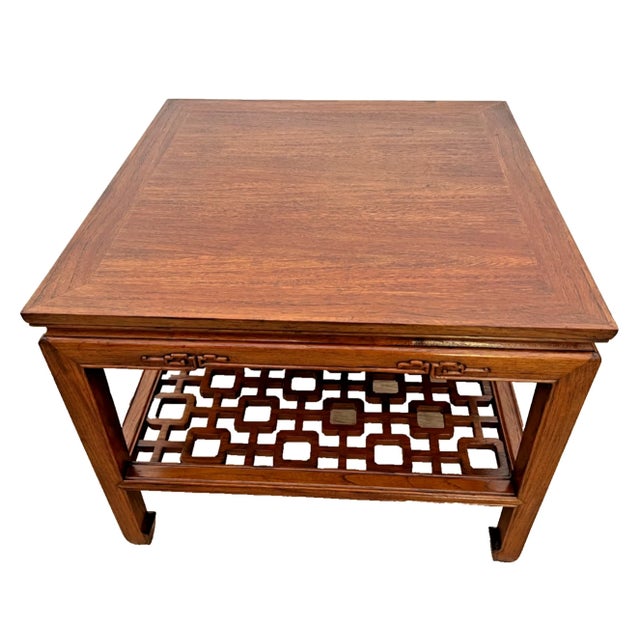 Brown 1960s MCM Ming Style Wood Coffee / End Table With Open Geometric Fretwork Lower Shelf For Sale - Image 8 of 12