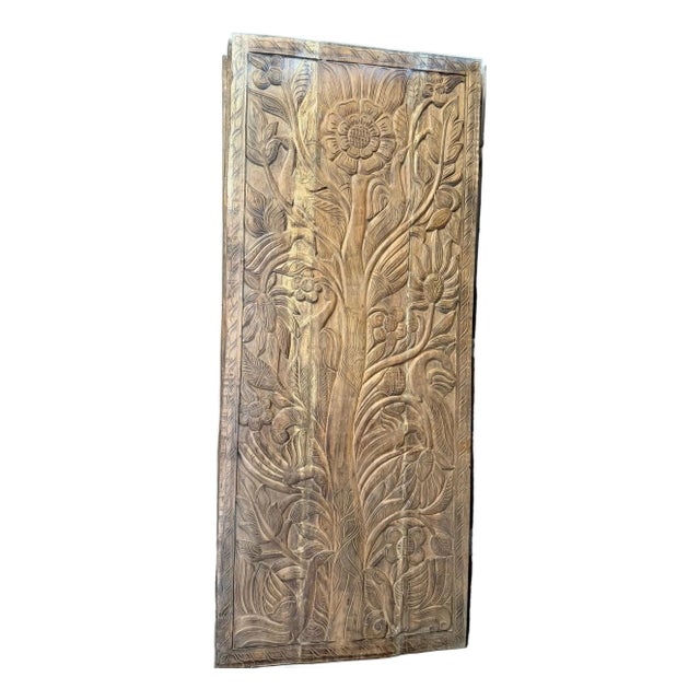 Vintage Tree of Life Carved Wood Door – Rustic Barn Door or Spiritual Wellness Wall Panel 84x36 For Sale