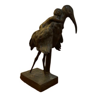 Vintage Bronze Stork + Baby Cast Sculpture For Sale
