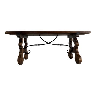 Spanish Colonial Style Walnut Coffee Table With Wrought Iron Stretcher For Sale