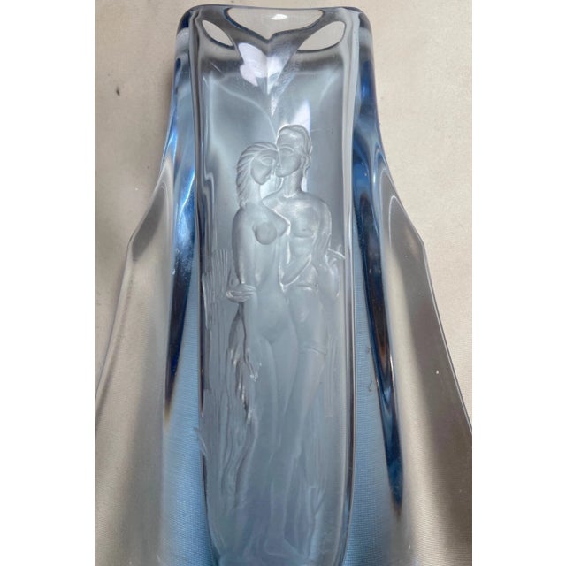 Glass Antique Handmade Czech Bohemian Blue Art Glass Vase Engraved Nude Adam & Eve For Sale - Image 7 of 12