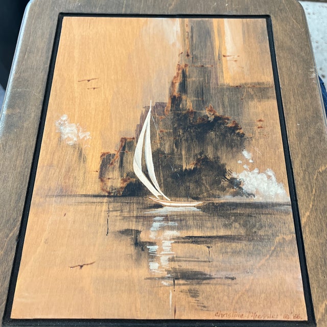 Late 20th Century Signed Christine Miessler Sailboat on Wood For Sale - Image 10 of 11