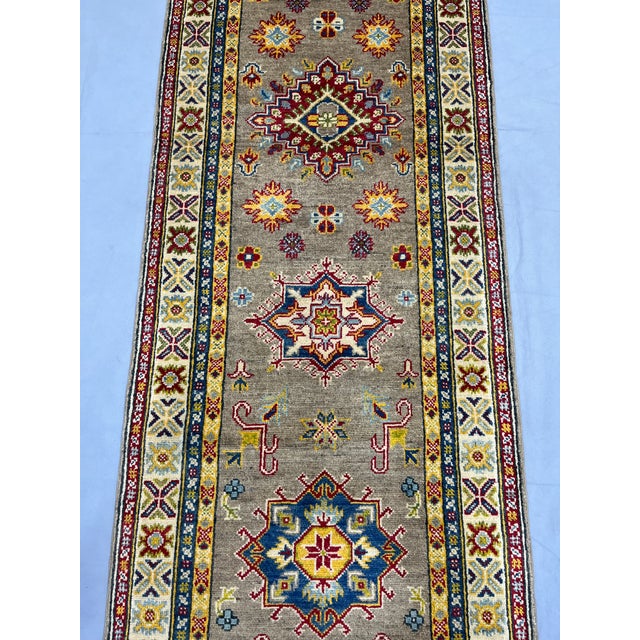 Textile Extra-Long Olive Gold Kazak-Style Wool Runner Rug With Geometric Medallions, 2'7" X 14'8" For Sale - Image 7 of 18