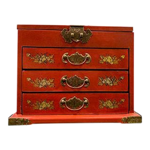 Contemporary Asian 3 Drawers Red Painted Jewelry Box | Chairish