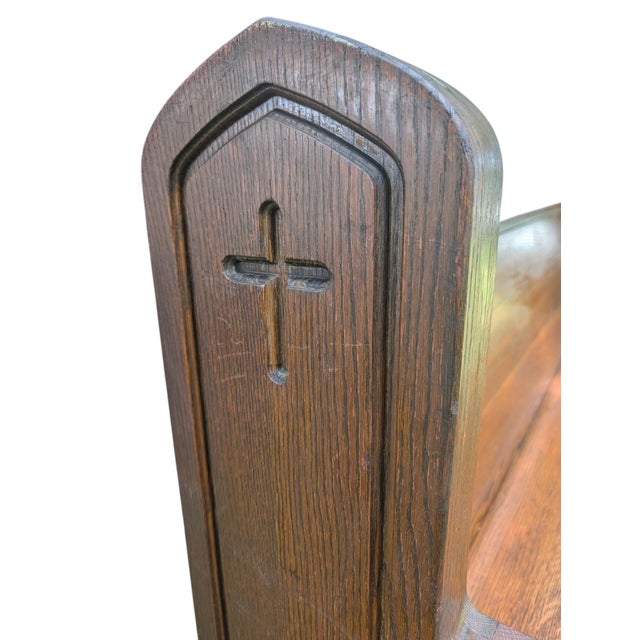 Mid 20th Century Carved Solid Oak Church Pew Bench With Cross Details – 75" For Sale - Image 12 of 17